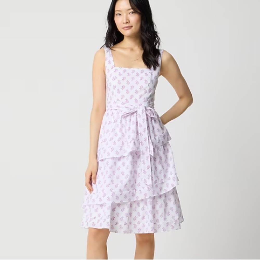 J crew Sleeveless belted tiered midi dress White Violet Storm